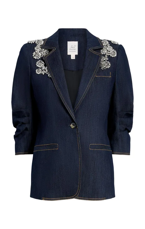 Women Cinq Sept Denim Crystal Chrysanthemum Khloe Blazer Indigo