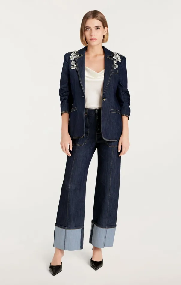 Women Cinq Sept Denim Crystal Chrysanthemum Khloe Blazer Indigo