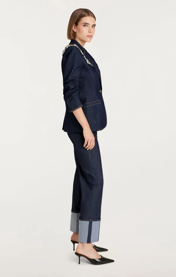 Women Cinq Sept Denim Crystal Chrysanthemum Khloe Blazer Indigo
