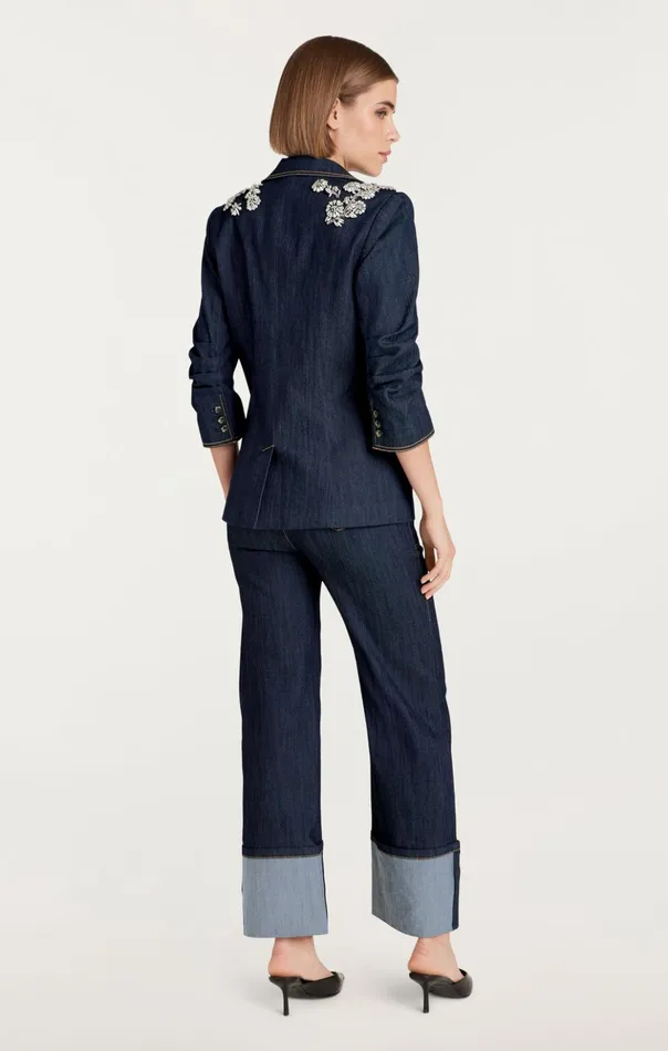 Women Cinq Sept Denim Crystal Chrysanthemum Khloe Blazer Indigo