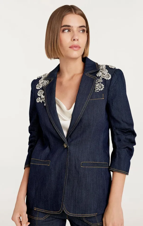 Women Cinq Sept Denim Crystal Chrysanthemum Khloe Blazer Indigo