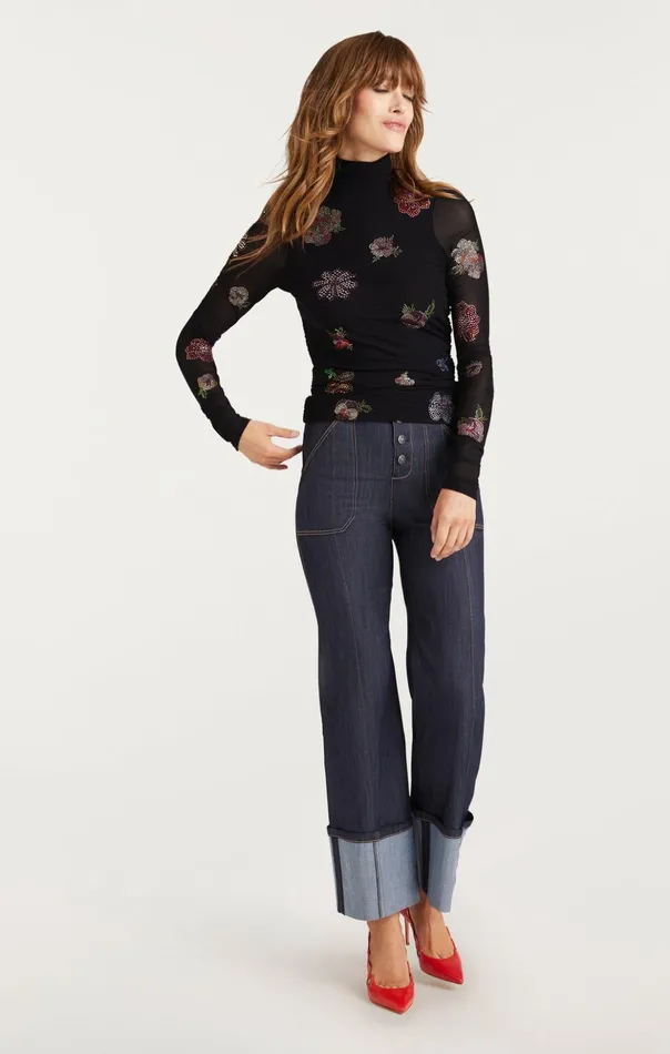 Women Cinq Sept Long Sleeve Tops Heatset Pansy Garden Mesh Turtleneck Blackmulti