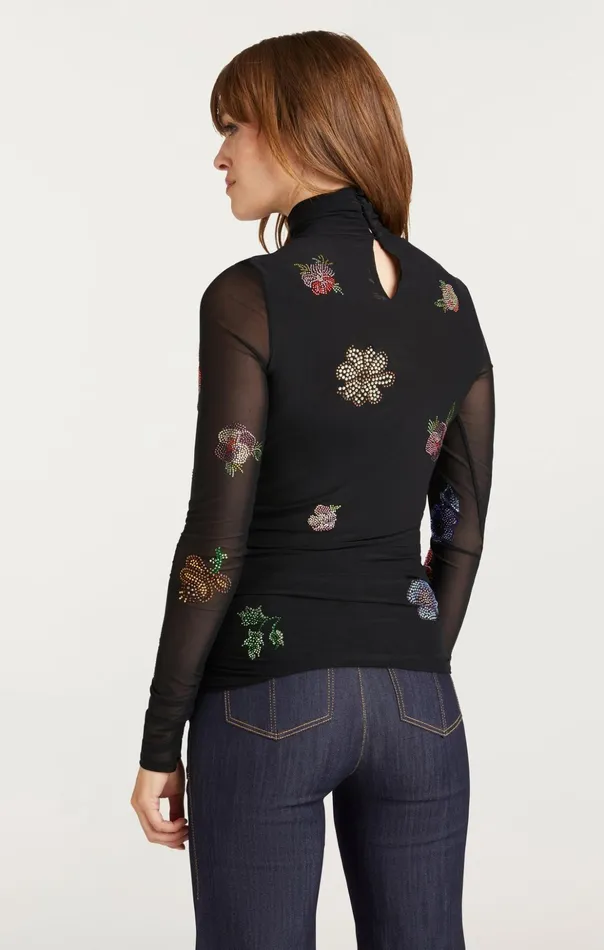 Women Cinq Sept Long Sleeve Tops Heatset Pansy Garden Mesh Turtleneck Blackmulti