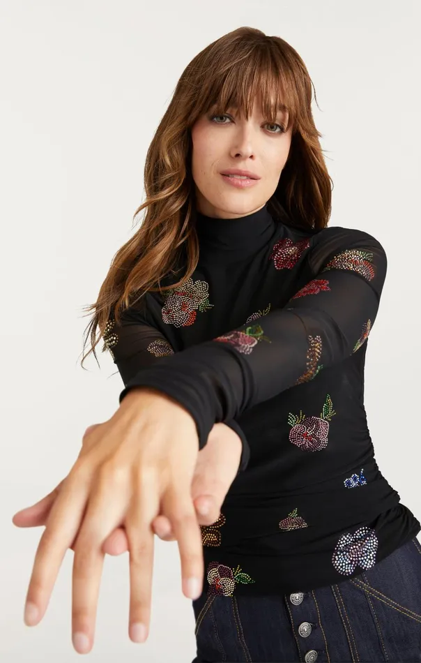 Women Cinq Sept Long Sleeve Tops Heatset Pansy Garden Mesh Turtleneck Blackmulti