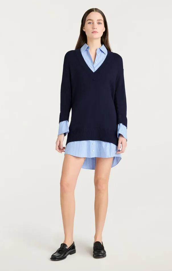 Women Cinq Sept Mini Deep V Remie Stripe Santina Dress Navyfrench Blue