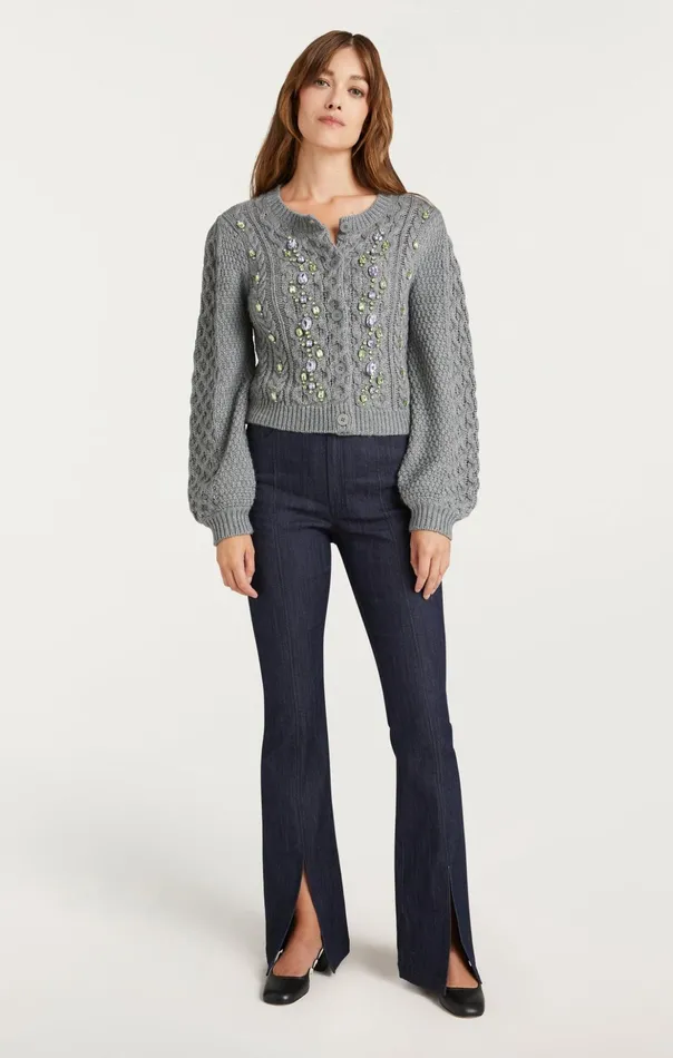 Women Cinq Sept Sweaters and Knits Joelle Embellished Cable Cardigan Charcoal Lilacgreen