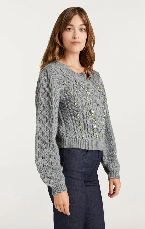 Women Cinq Sept Sweaters and Knits Joelle Embellished Cable Cardigan Charcoal Lilacgreen