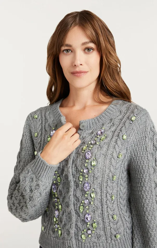 Women Cinq Sept Sweaters and Knits Joelle Embellished Cable Cardigan Charcoal Lilacgreen