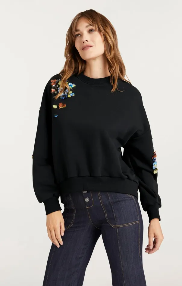 Women Cinq Sept Sweaters and Knits Sequin Flower Embellished Brandy Pullover Blackmulti
