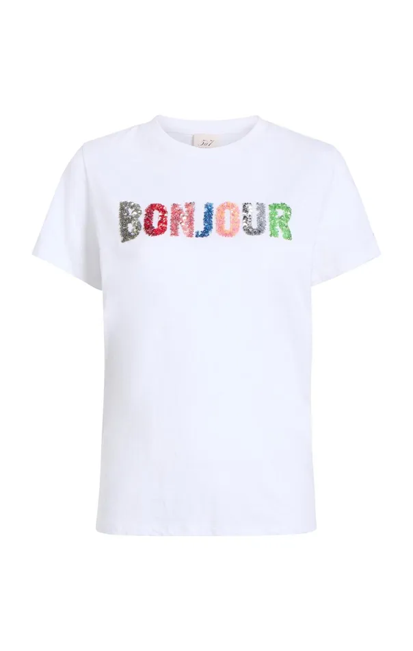 Women Cinq Sept Tees and Pullovers Pailette Applique Bonjour Tee Whitemulti