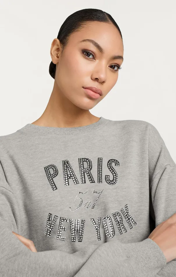 Women Cinq Sept Tees and Pullovers Rhinestone Paris New York Brandy Pullover Heather Greyblack