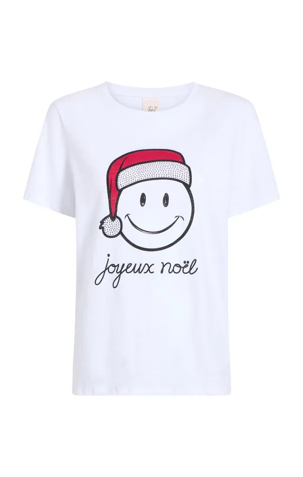 Women Cinq Sept Tees and Pullovers Smiley Joyeux Noel Tee Whiteblack