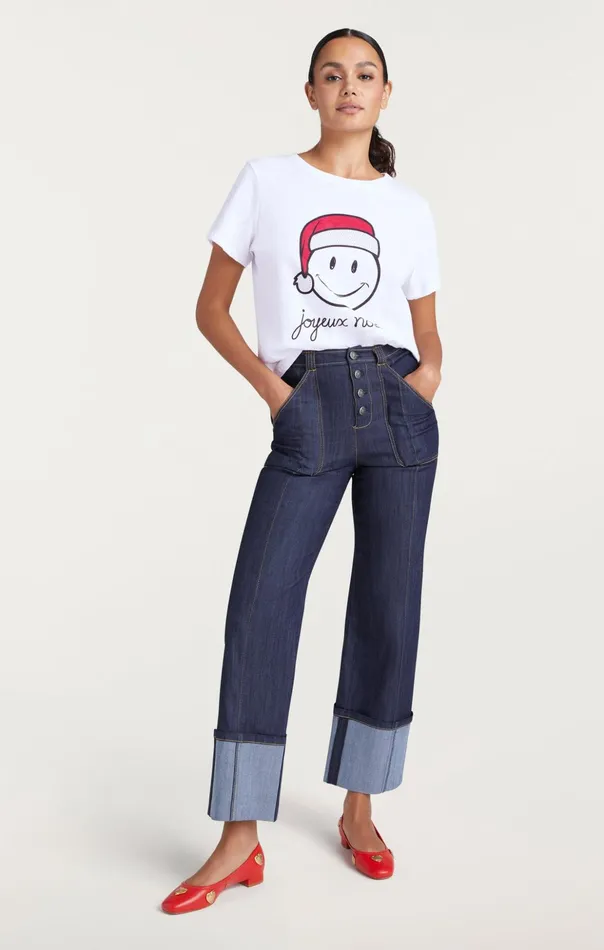 Women Cinq Sept Tees and Pullovers Smiley Joyeux Noel Tee Whiteblack