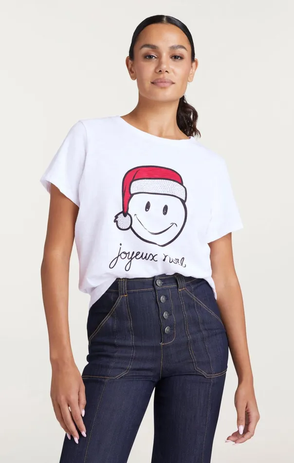 Women Cinq Sept Tees and Pullovers Smiley Joyeux Noel Tee Whiteblack