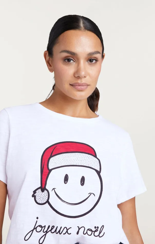 Women Cinq Sept Tees and Pullovers Smiley Joyeux Noel Tee Whiteblack