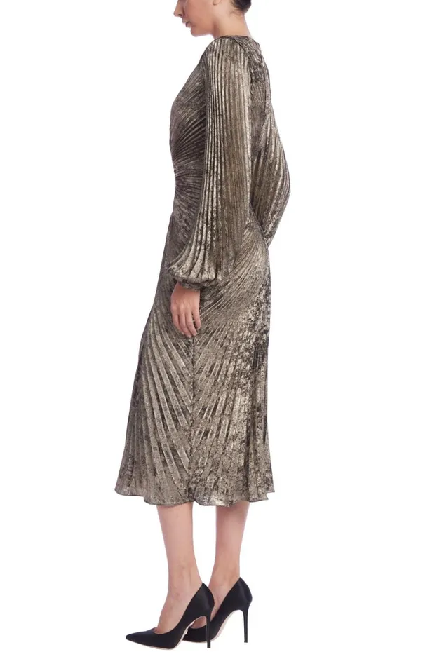 Women Cocktail Badgley Mischka Metallic Sunburst Pleated Long Sleeve Dress Pewter