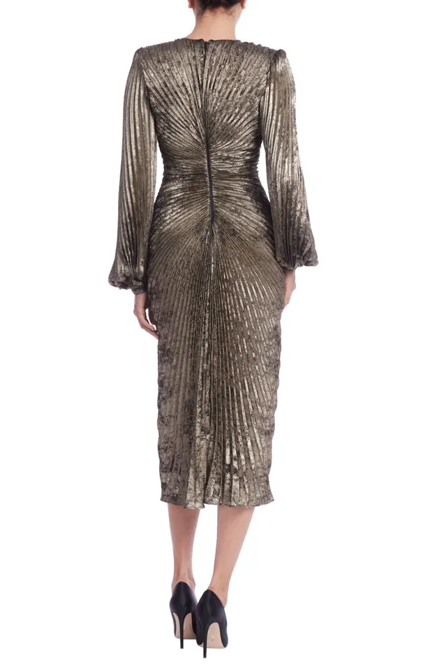 Women Cocktail Badgley Mischka Metallic Sunburst Pleated Long Sleeve Dress Pewter