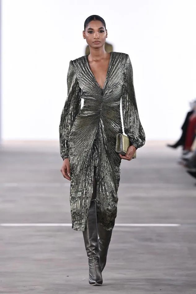 Women Cocktail Badgley Mischka Metallic Sunburst Pleated Long Sleeve Dress Pewter