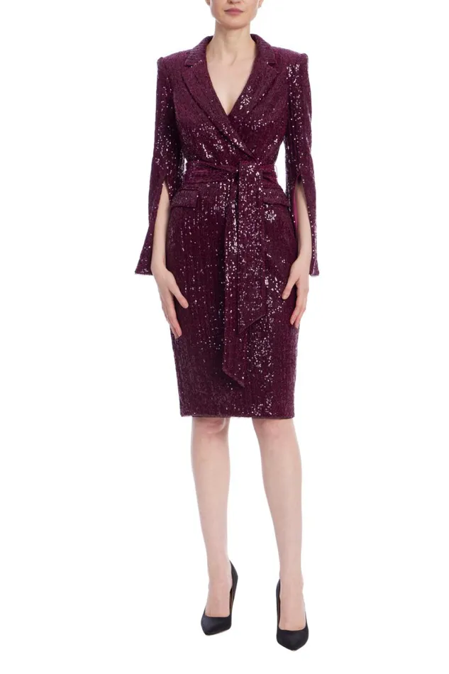 Women Cocktail Badgley Mischka Sequin Wrap Waist Coat Dress Wine