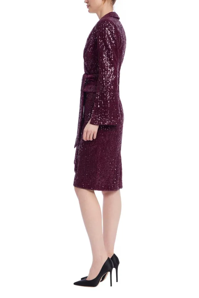 Women Cocktail Badgley Mischka Sequin Wrap Waist Coat Dress Wine