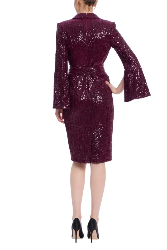 Women Cocktail Badgley Mischka Sequin Wrap Waist Coat Dress Wine