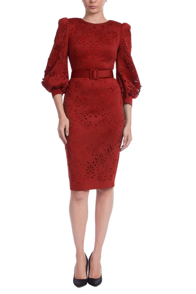 Women Day Badgley Mischka LaserCut Belted Sheath Dress Navy