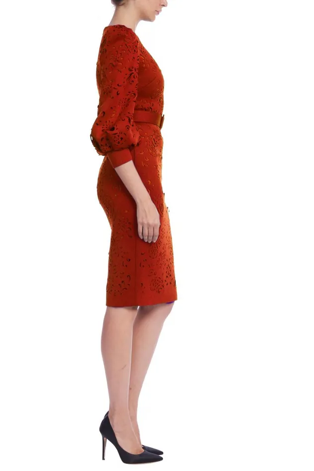 Women Day Badgley Mischka LaserCut Belted Sheath Dress Navy