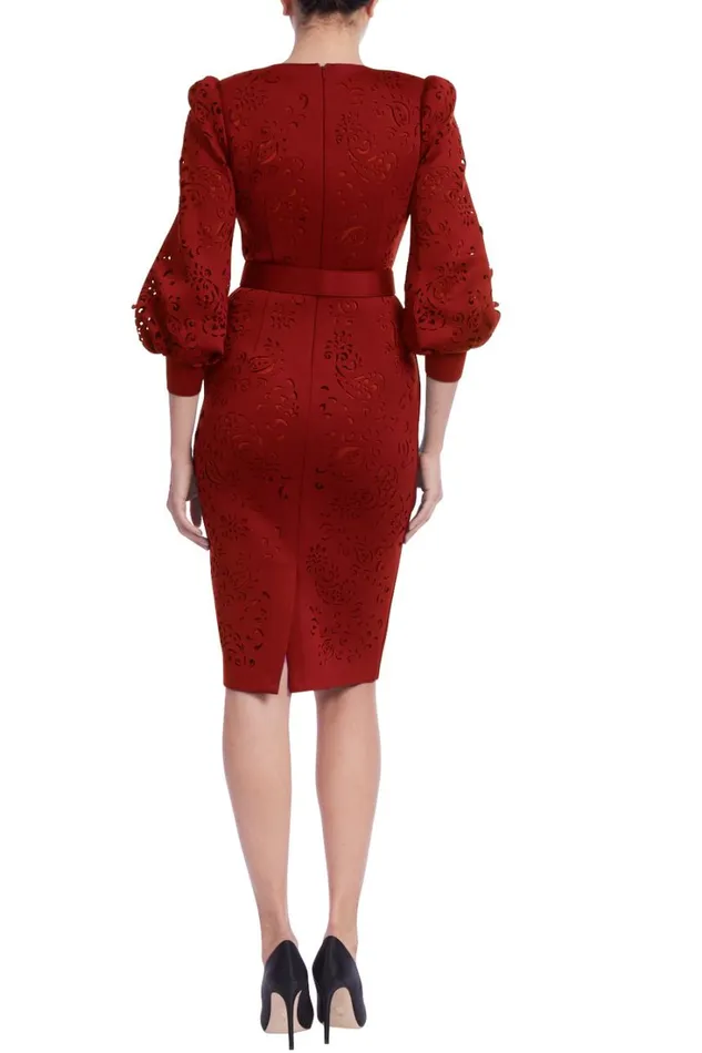 Women Day Badgley Mischka LaserCut Belted Sheath Dress Navy