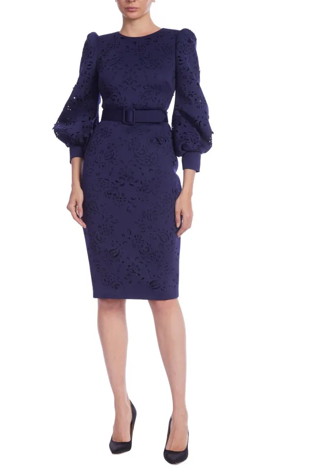 Women Day Badgley Mischka LaserCut Belted Sheath Dress Navy