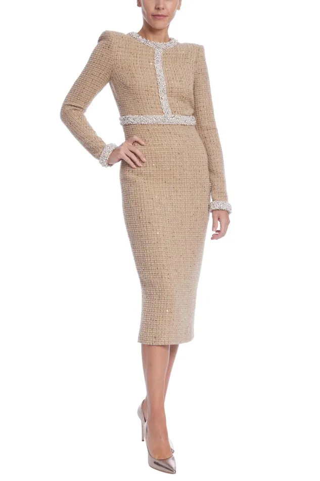 Women Day Badgley Mischka Long Sleeve High Neck Tweed Dress Oatmeal