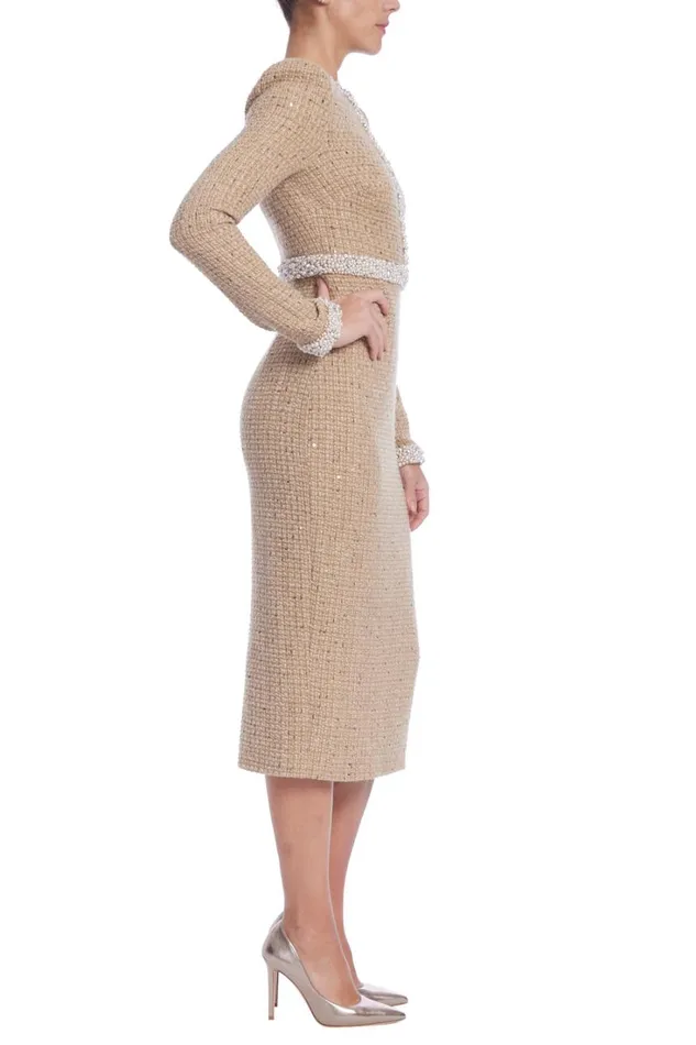 Women Day Badgley Mischka Long Sleeve High Neck Tweed Dress Oatmeal