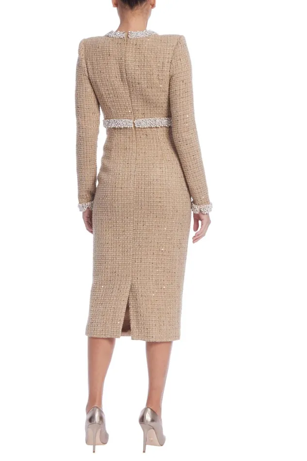 Women Day Badgley Mischka Long Sleeve High Neck Tweed Dress Oatmeal