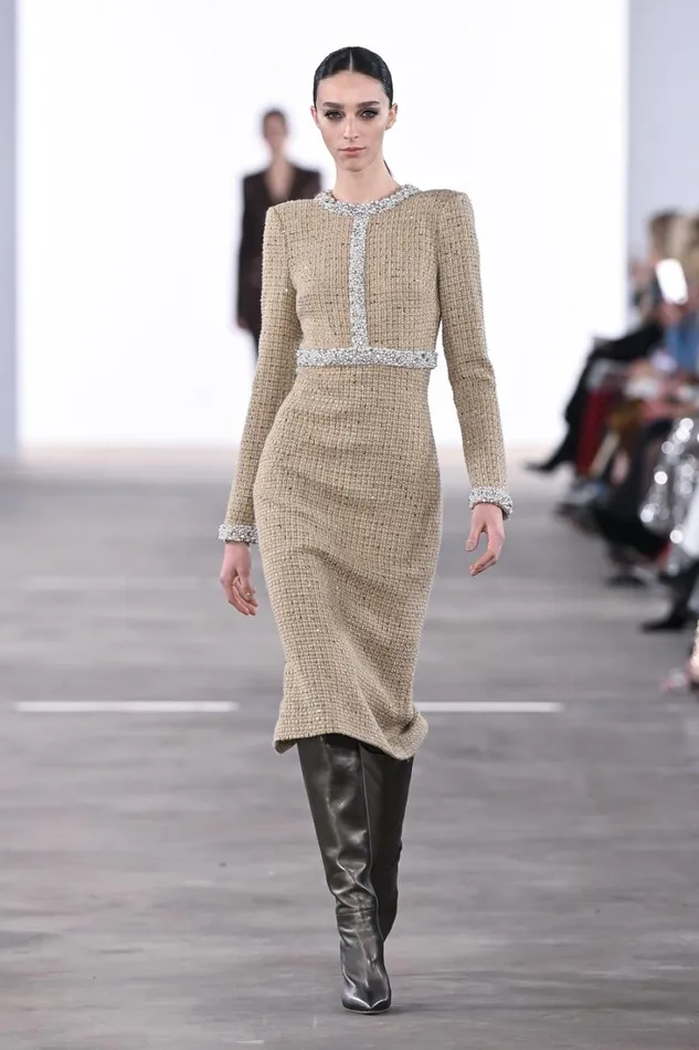 Women Day Badgley Mischka Long Sleeve High Neck Tweed Dress Oatmeal