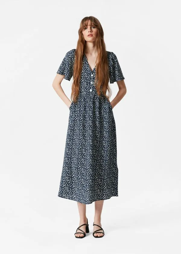Women Dresses and Other Stories VNeck Midi Dress Navy Print