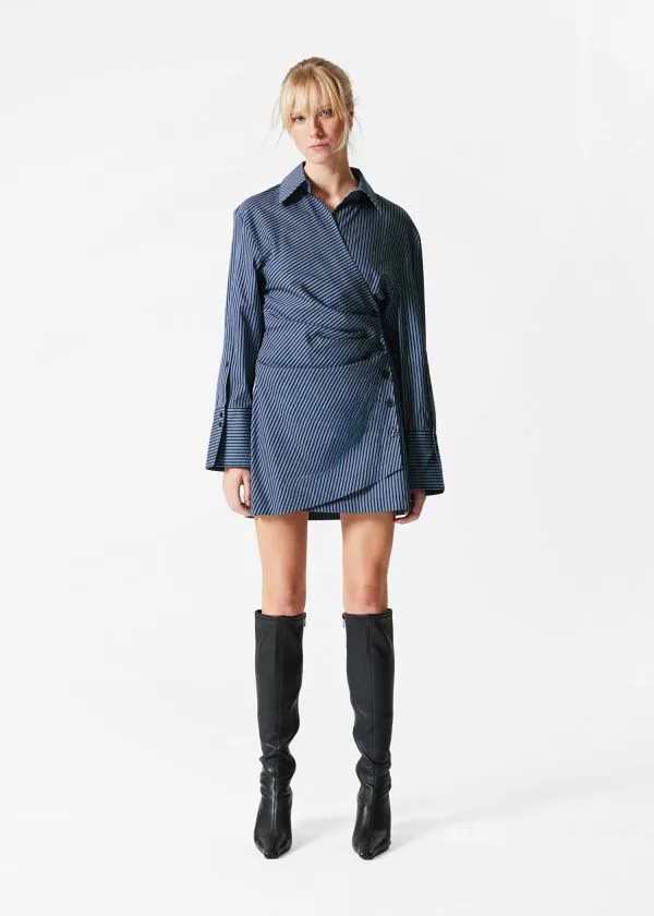 Women Dresses and Other Stories Wrap Shirt Mini Dress Blue Stripes