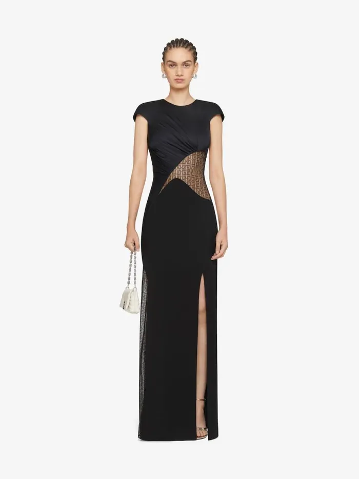 Women Dresses Givenchy Evening Satin Dress And 4G Lace With Rhinestones Black
