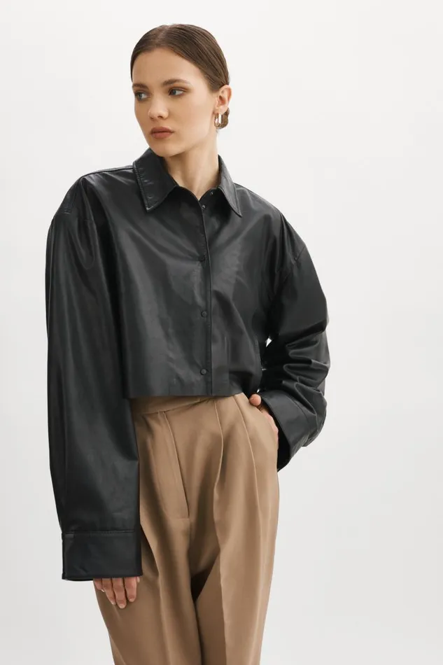 Women ELDA Leather Oversized Shirt Black LAMARQUE Shackets Women ELDA Leather Oversized Shirt Black LAMARQUE Shackets