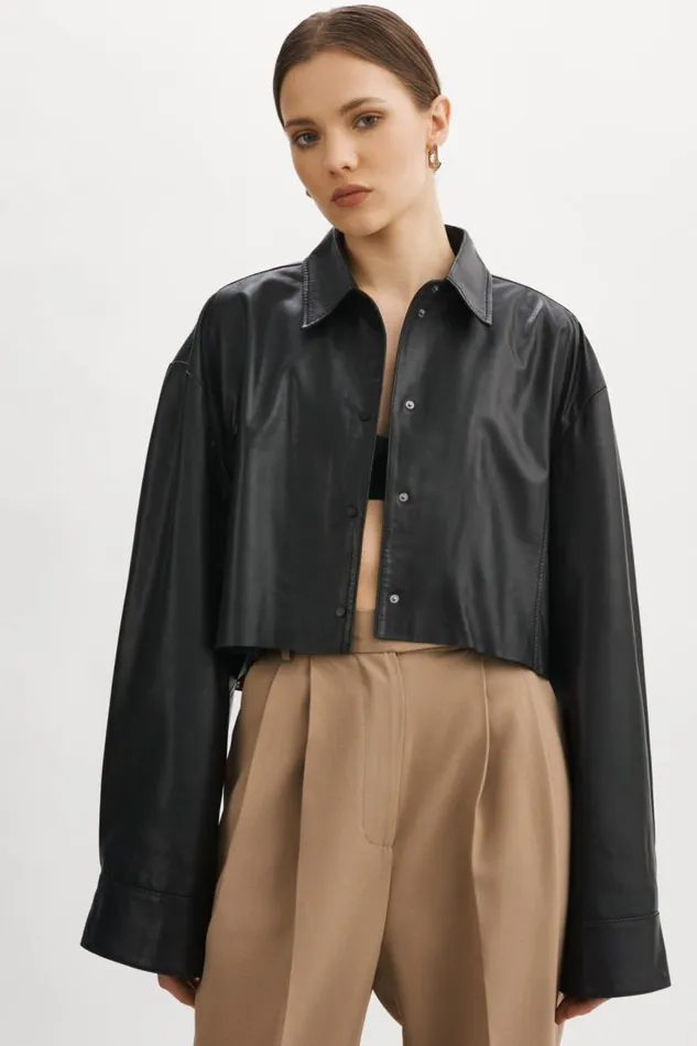 Women ELDA Leather Oversized Shirt Black LAMARQUE Shackets Women ELDA Leather Oversized Shirt Black LAMARQUE Shackets