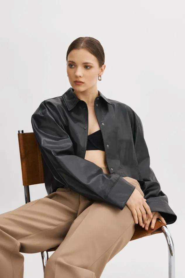 Women ELDA Leather Oversized Shirt Black LAMARQUE Shackets Women ELDA Leather Oversized Shirt Black LAMARQUE Shackets