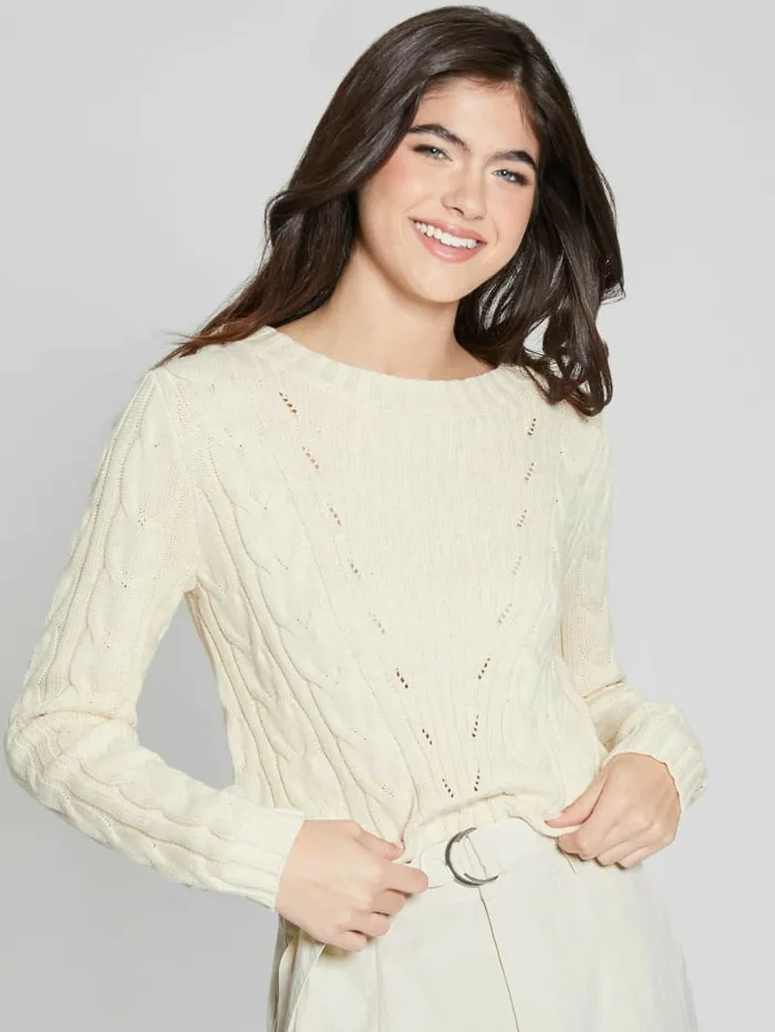 Women Elle Cable Knit Sweater Vanilla Blush Sweaters and Knits GUESS