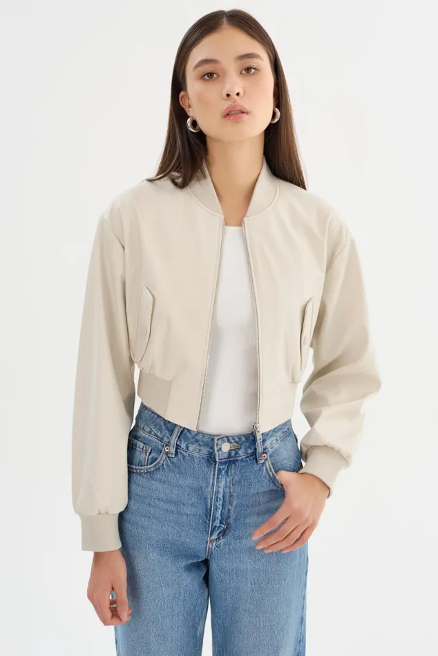 Women EVELIN Faux Leather Cropped Bomber Bone LAMARQUE Leather Jackets