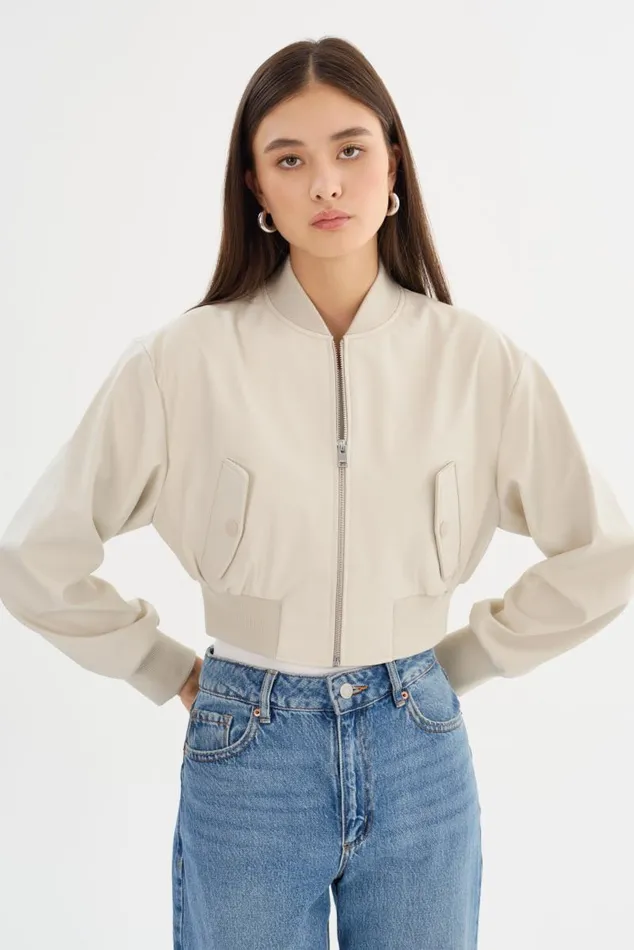 Women EVELIN Faux Leather Cropped Bomber Bone LAMARQUE Leather Jackets Women EVELIN Faux Leather Cropped Bomber Bone LAMARQUE Leather Jackets