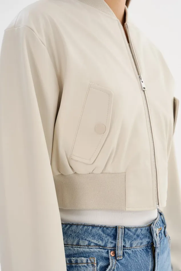 Women EVELIN Faux Leather Cropped Bomber Bone LAMARQUE Leather Jackets Women EVELIN Faux Leather Cropped Bomber Bone LAMARQUE Leather Jackets
