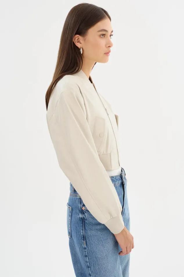 Women EVELIN Faux Leather Cropped Bomber Bone LAMARQUE Leather Jackets Women EVELIN Faux Leather Cropped Bomber Bone LAMARQUE Leather Jackets