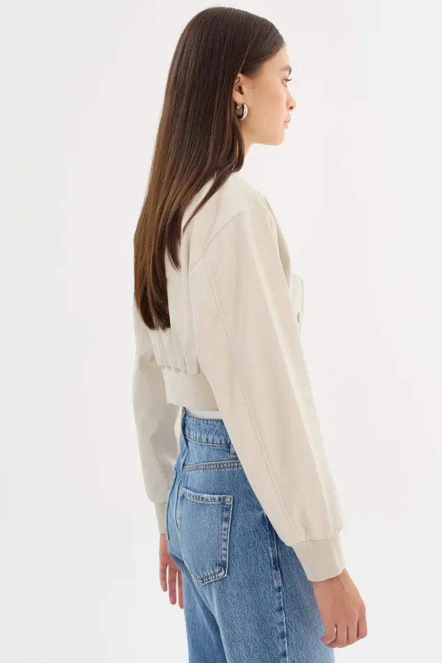 Women EVELIN Faux Leather Cropped Bomber Bone LAMARQUE Leather Jackets Women EVELIN Faux Leather Cropped Bomber Bone LAMARQUE Leather Jackets
