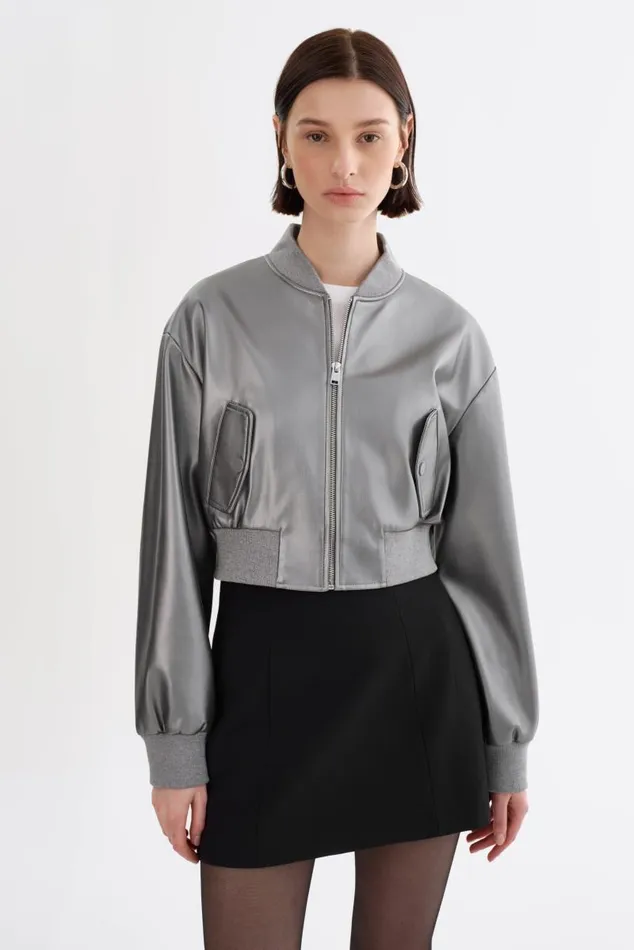 Women EVELIN Faux Leather Cropped Bomber Gunmetal LAMARQUE Leather Jackets Women EVELIN Faux Leather Cropped Bomber Gunmetal LAMARQUE Leather Jackets