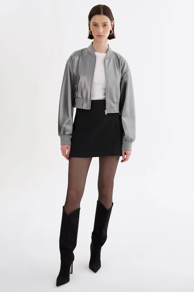 Women EVELIN Faux Leather Cropped Bomber Gunmetal LAMARQUE Leather Jackets Women EVELIN Faux Leather Cropped Bomber Gunmetal LAMARQUE Leather Jackets