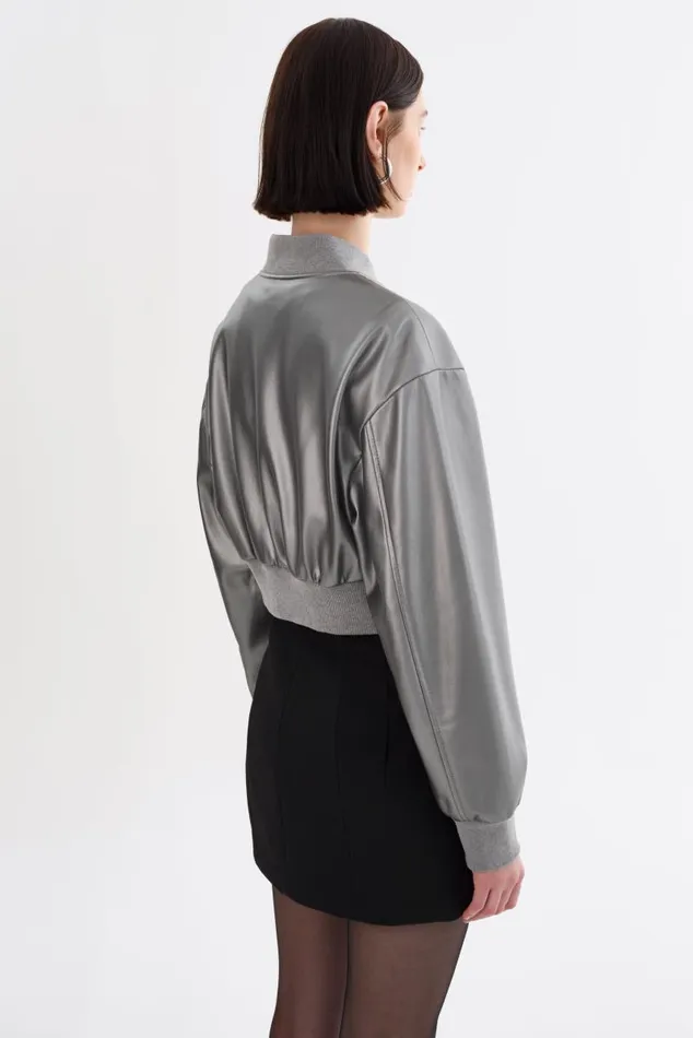 Women EVELIN Faux Leather Cropped Bomber Gunmetal LAMARQUE Leather Jackets Women EVELIN Faux Leather Cropped Bomber Gunmetal LAMARQUE Leather Jackets