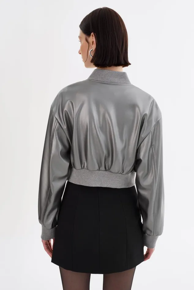 Women EVELIN Faux Leather Cropped Bomber Gunmetal LAMARQUE Leather Jackets Women EVELIN Faux Leather Cropped Bomber Gunmetal LAMARQUE Leather Jackets