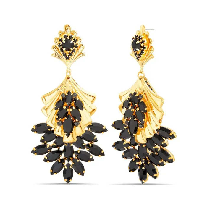 Women Fashion Jewelry Badgley Mischka Black And Gold Floral Leaf Statement Drop Earring